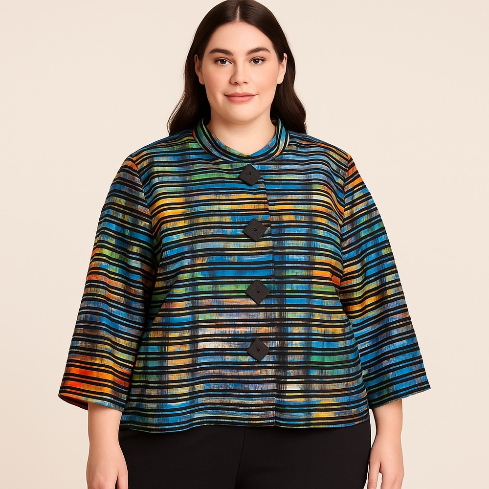 Multiples Vibrant Striped  Artsy long sleeve statement buttons  business‎ blzer
